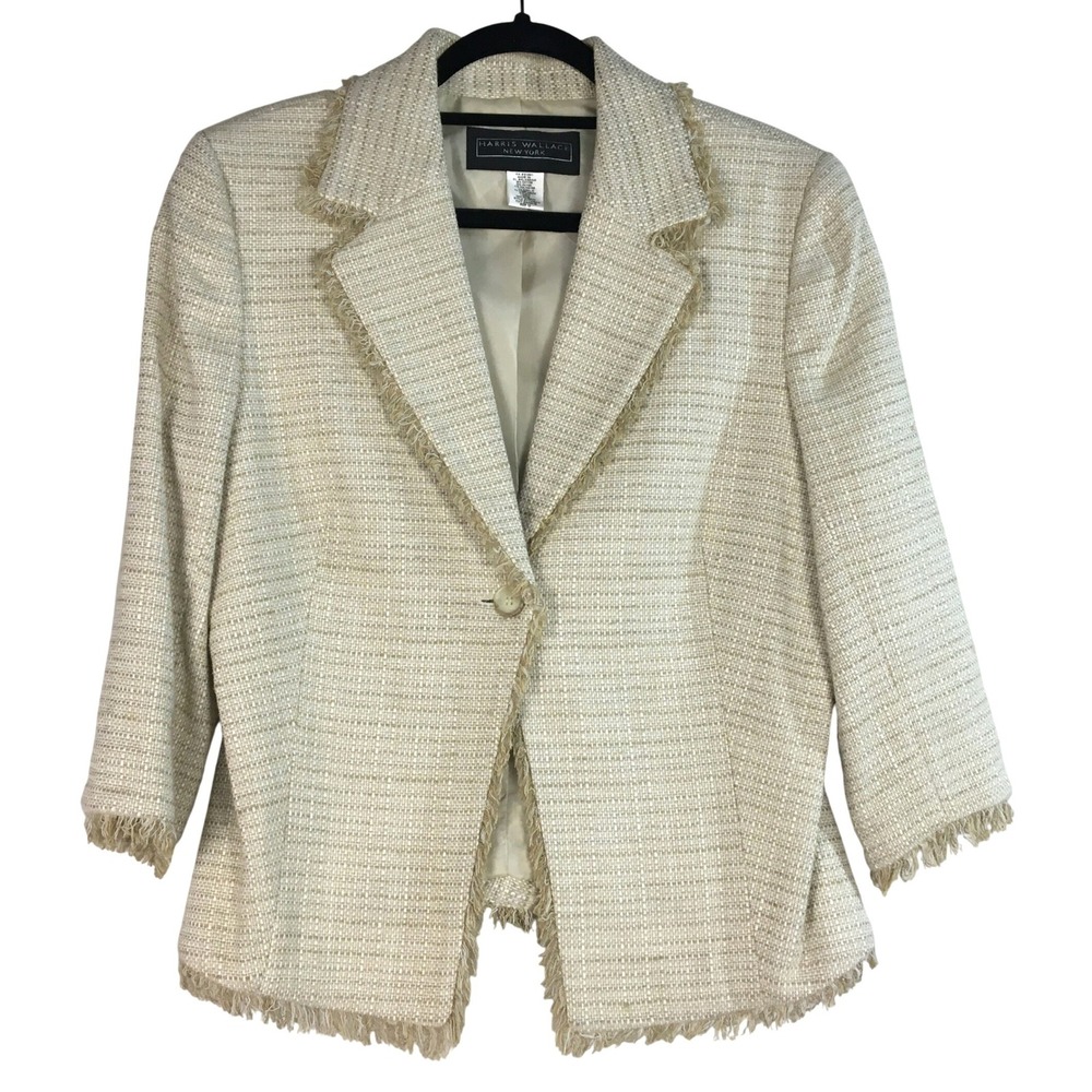 Harris Wallace New York Tweed Fringe Blazer Jacket Cream Tan Women's Size 12‎